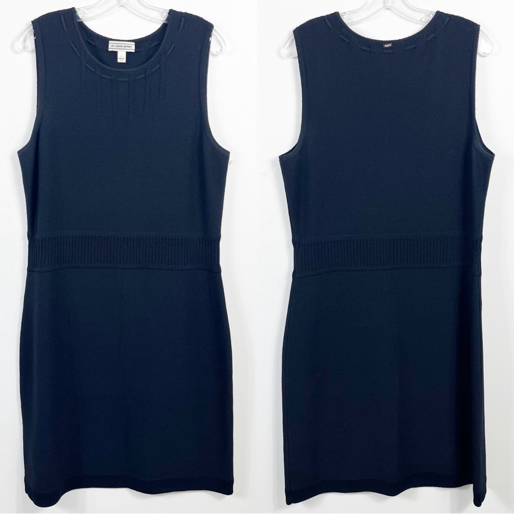 St. John Sport Santana Knit Knee Length Sleeveless Dress Size Large Solid Black